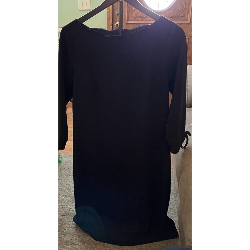 Talbots Black Scalloped Neckline Shift 3/4 Sleeve Bow Dress Size 4 Zip & Lined